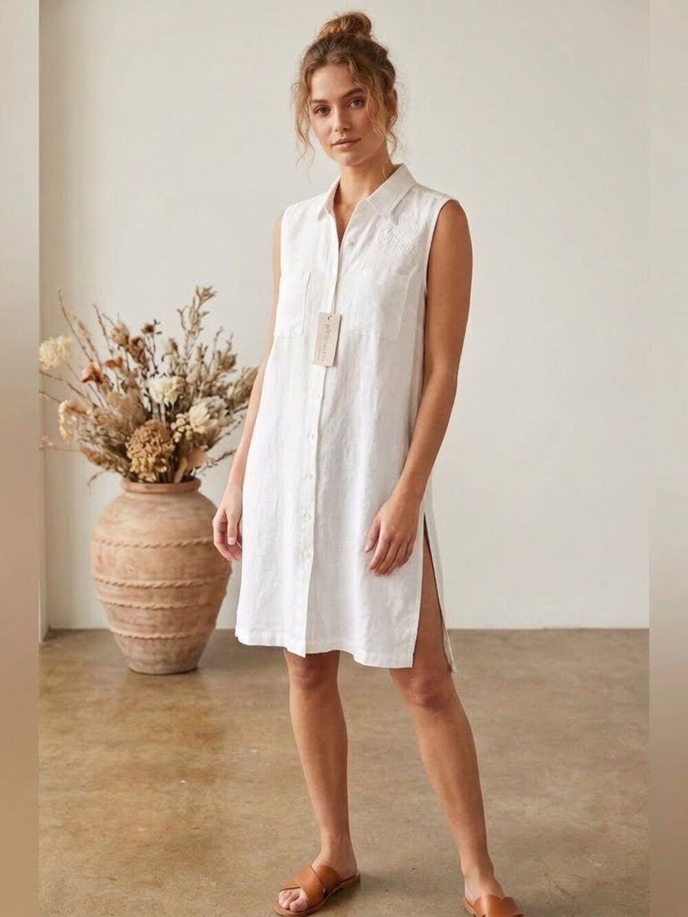 NWT: Philosophy: White Sleeveless Button-Up Shirt dress PTP 19.5 Length 23.5